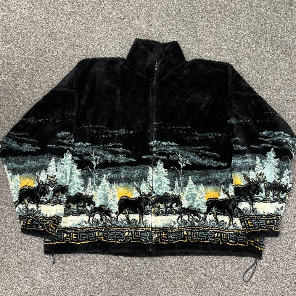 Mazmania Fleece Jacket Mens 5XL Black Moose Wildlife Tapestry Made in USA A4